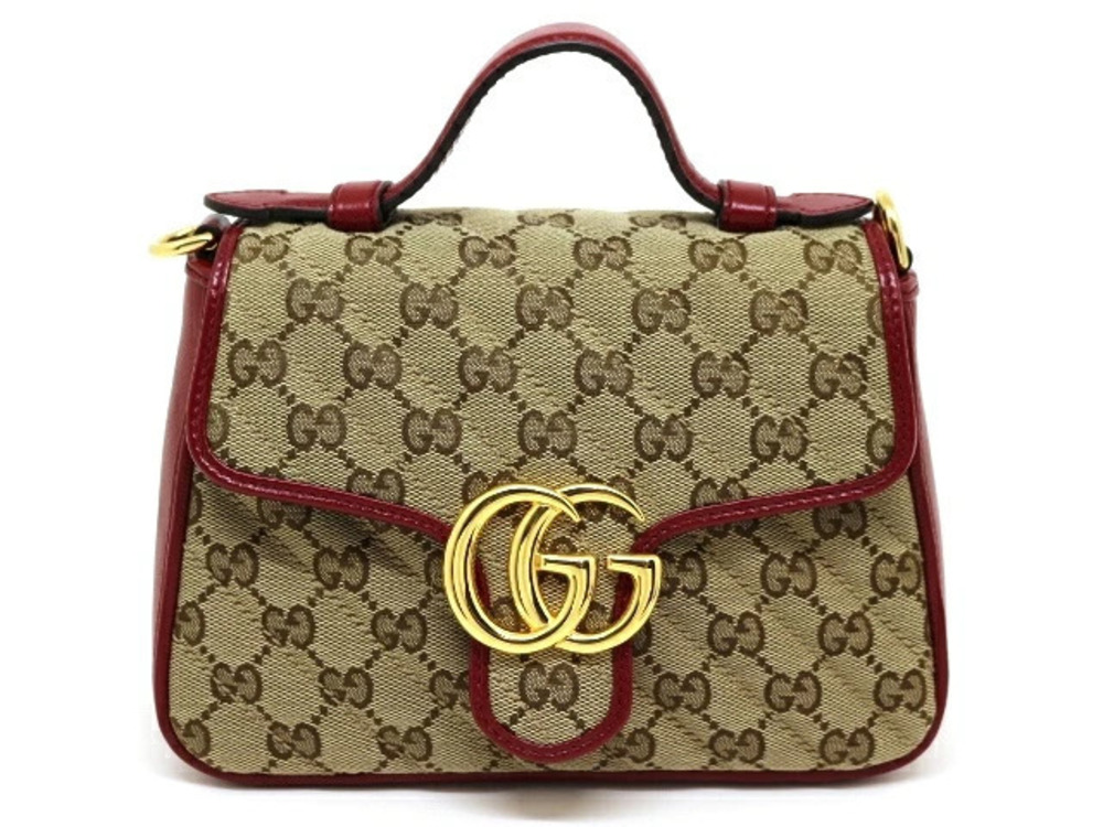 Gucci Bag Shoulder GG Marmont Top Handle Canvas Leather Red Beige Cream